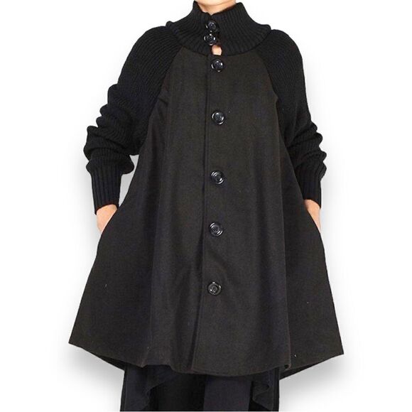 Yipon Yichu Yiponyichu A-Line Button Front Knit Collar Sleeves Swing Coat - Picture 1 of 16